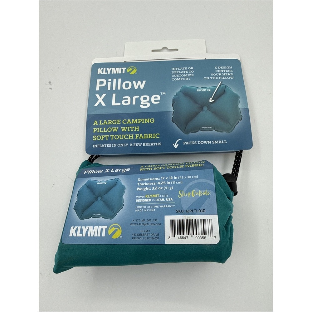 Klymit Pillow X Large Inflatable Travel Pillow Teal 17"x 12"x 4.25" 3.2 oz